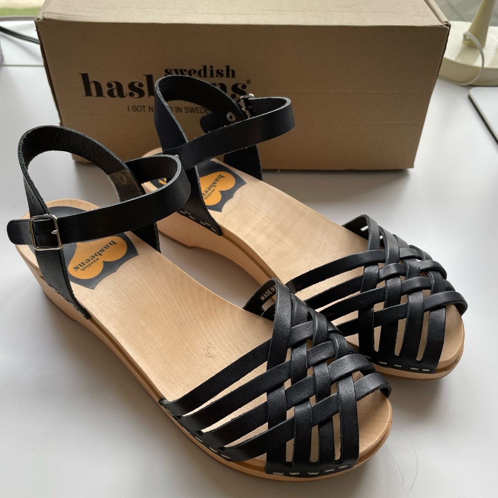 Swedish Hasbeens Black Leather Sandals